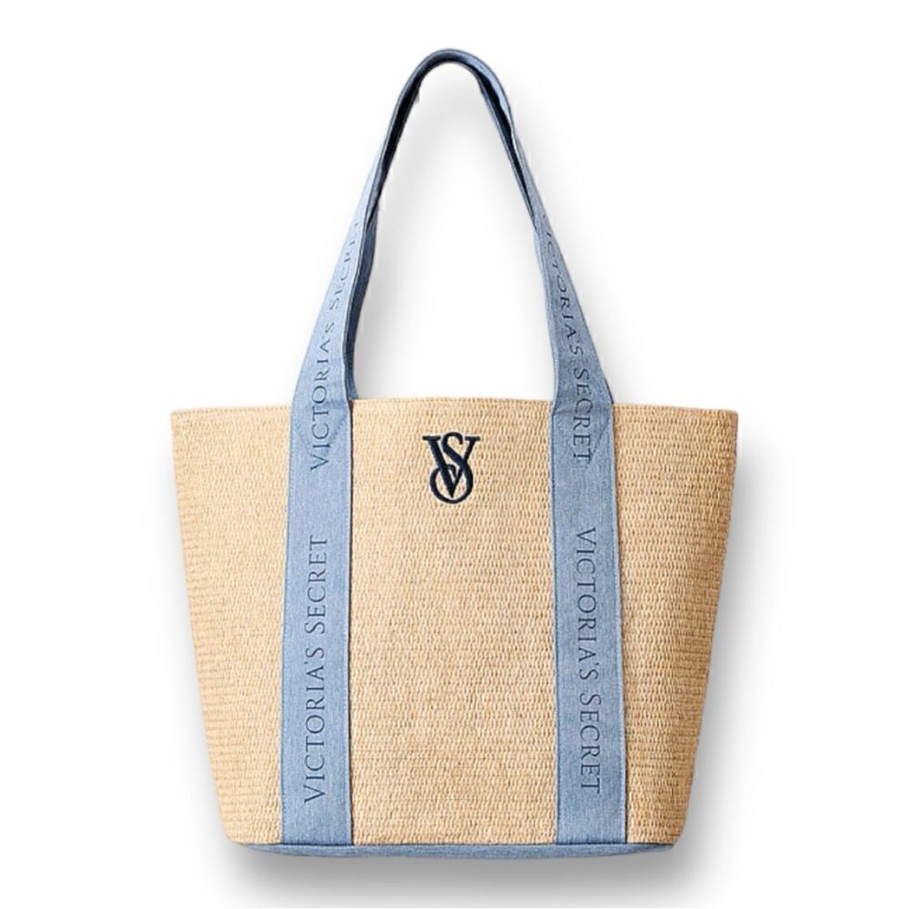 Victoria's Secret Straw Beach Tote Large Weekender Travel Logo Denim Blue Beige